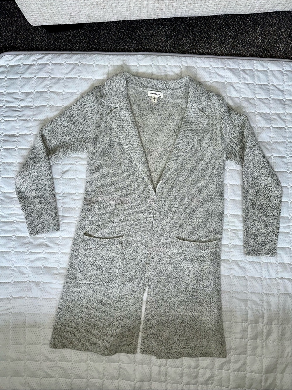 Monteau Heather Gray Longline Knit Cardigan Size S 33 inches long